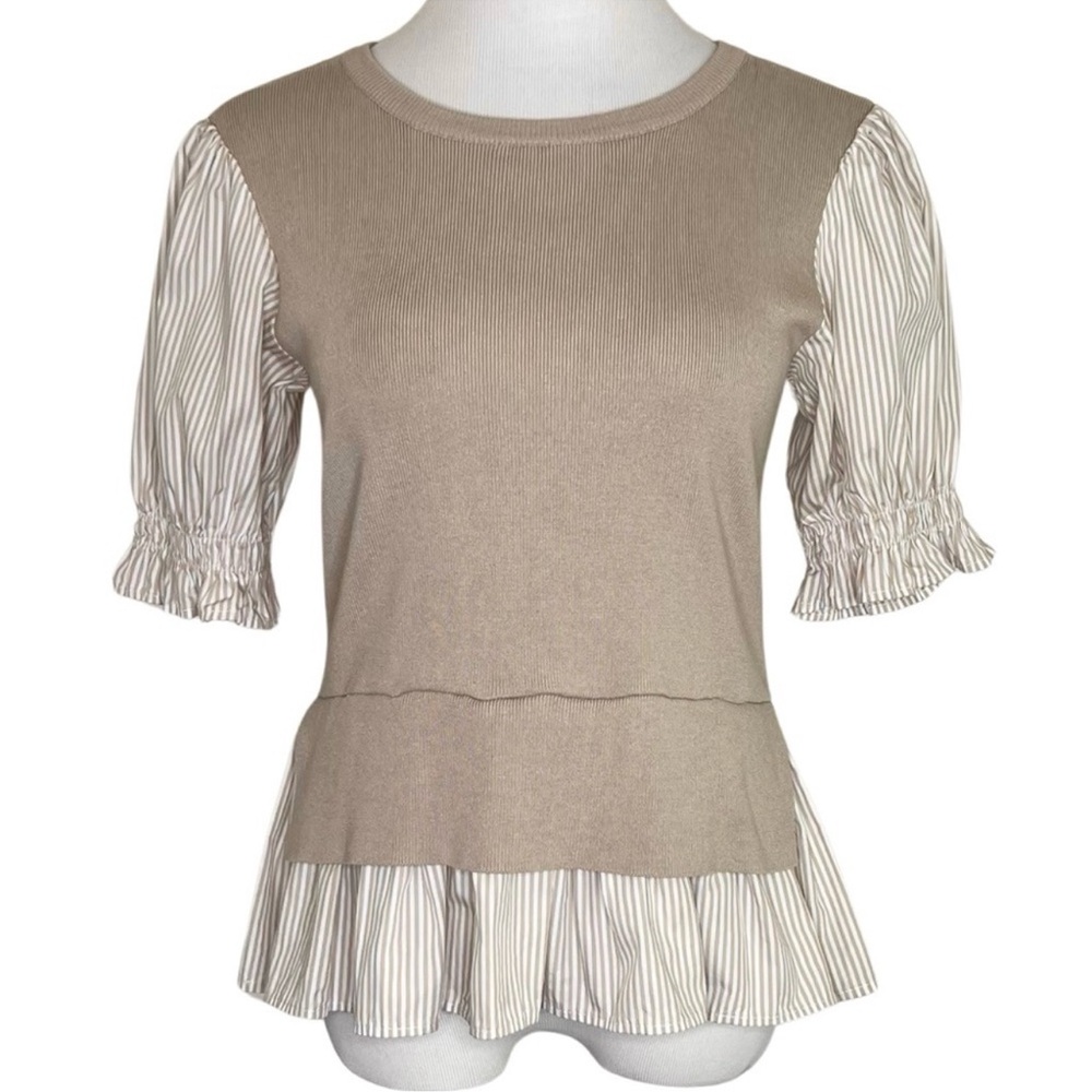 Anthropologie Tan and Cream Peplum Top